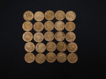 null 25 pièces de 20 francs suisses en or jaune - 161.39 g