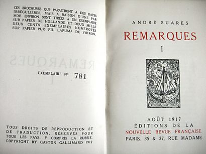 null * 204. SUARÈS (André). Remarques I à XII. Paris, nrf Gallimard, 1917-1918. Recueil...