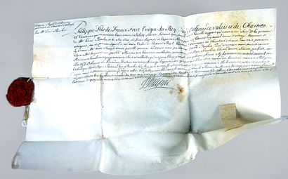 null * 214. Brevet de notaire royal, manuscrit sur parchemin avec sceau (brisé),...