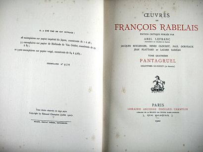 null * 198. RABELAIS (François). The work of François Rabelais. Paris, H. & E. Champion...