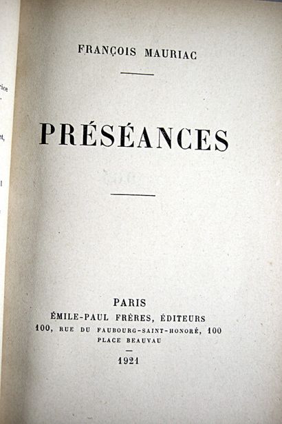 null * 182. MAURIAC (François). Préséances. Paris, Emile-Paul frères, 1921. In-12,...