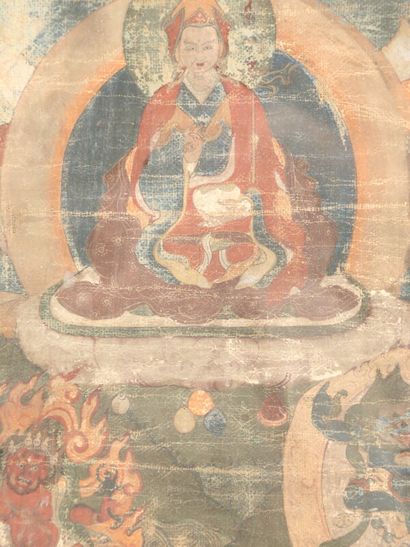 null CHINE - Vers 1900

Thangka, détrempe sur toile, Padmasambhava assis au centre,...