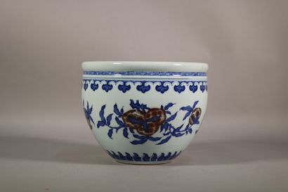 null Chine - Cache pot en porcelaine bleu, blanc et rouge de cuivre à décor de pêches,...