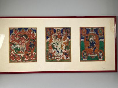 null TIBET - Fin XIXe siècle - Trois tangka, détrempe sur toile, représentant deux...