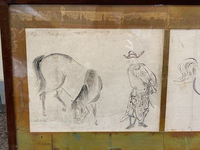 null Encadrement avec deux encres sur papier à décor de chevaux et personnages -...