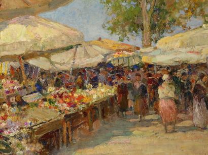 null DE FRANCISCO Pietro (1873-1969)

Vue du marché à Nice

huile sur panneau

signée...