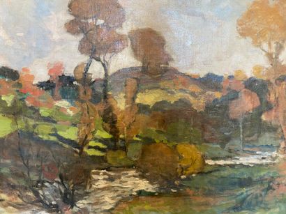 null DELVALLY Henry (XXe siècle) Paysage d'Automne au ruisseau - huile sur toile...