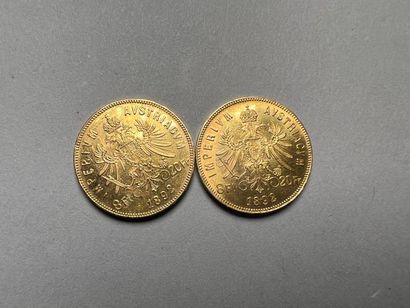 null Deux pièces de 20 francs/8 Florins Francisus Josephus Imperator Imperium Austriagum,...