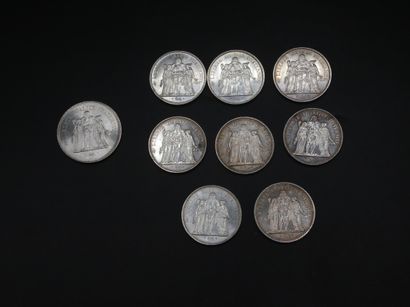 null Ensemble de neuf pièces en argent : une pièce de 50 francs 1975 et huit pièces...