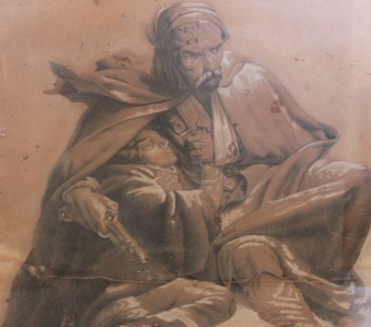 null LAGARRIGUE (?) "Soldat de Napoléon blessé" Dessin signé en bas à gauche - 47,5...
