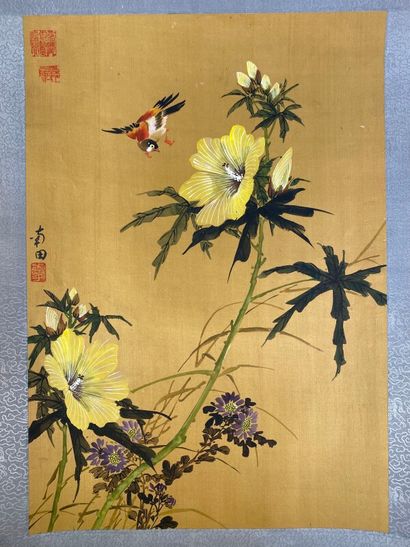 null Oiseau aux branchages fleuris - encre sur soie 56 x 39 cm
