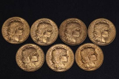 Sept pièces de 20 francs or Coq de Chaplain...