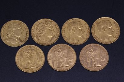 Sept pièces de 20 francs or : Louis XVIII...