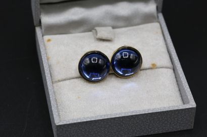 null LALIQUE France, pair of cabochon earrings blue glass and gold metal, in box...