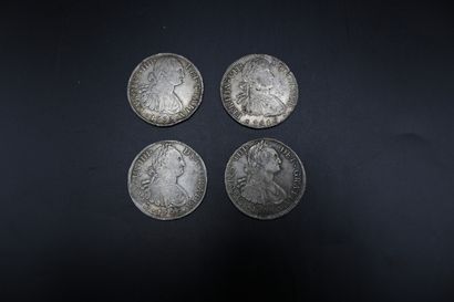 null Four silver coins of 8 reales: Carolus III 1792 / 1796 / 1803 and one FerdinandVII...