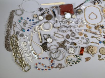 null Set of costume jewelry including chains, necklaces, rings, pocket watches, earrings,...