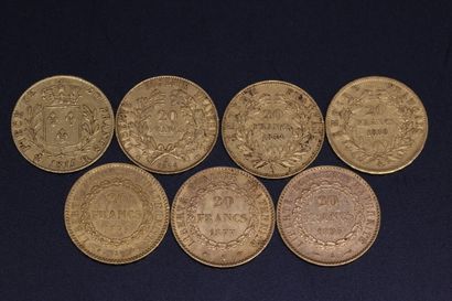 null Seven coins of 20 francs gold : Louis XVIII 1815 R / 1851 / 1854/ 1858 / 1875...