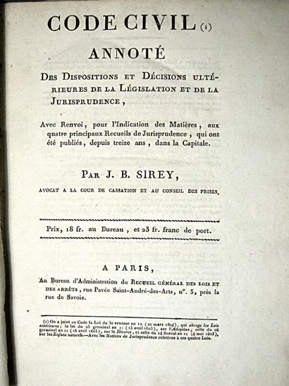 null 28. [Codes Napoléon]. Set of 3 works by Jean-Baptiste Sirey:

SIREY (J.-B.)....