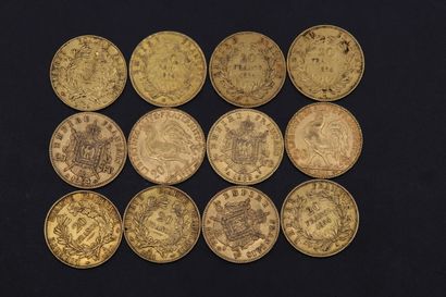 null Douze pièces de 20 francs or dont 3 IIe République, 2 Coq et 7 Napoléon III...