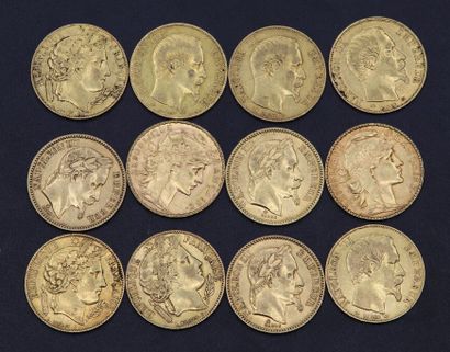 Douze pièces de 20 francs or dont 3 IIe République,...