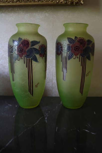 null LEGRAS, pair of baluster vases in green glass decorated with stylized flowers...