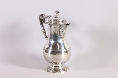 null Ewer or water pot in silver, baluster shape, plain body decorated with a frieze...