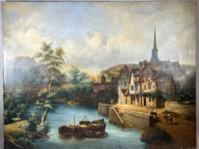 null French school of the 19th century, 

Lively village harbor

oil on canvas

89,5...