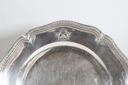 null Silver plate, contoured edge with frieze of ovals and interlacing. Wing engraved...