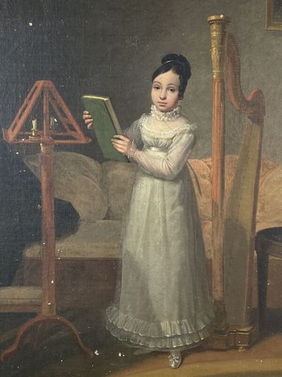 null French school 19th century 

Young girl with a harp 

Oil on canvas 

72 x 59...