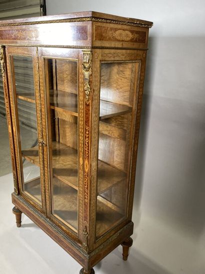 null Rectangular display cabinet in veneer wood opening by two glass doors, decorated...