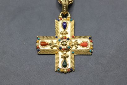null Square cross pendant in gilded metal and enamel, held by a gilded palm tree...