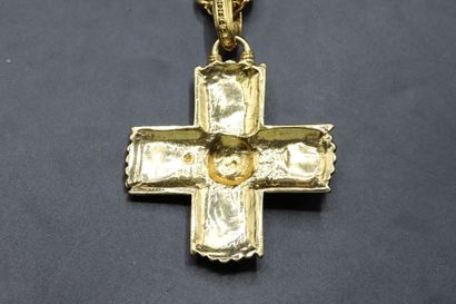 null Square cross pendant in gilded metal and enamel, held by a gilded palm tree...
