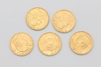 null Cinq pièces de 20 francs suisses en or jaune - 32,28 g