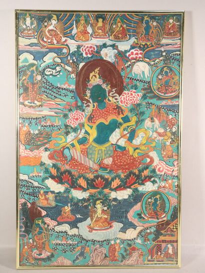null TIBET - XXth century: Thangka, tempera on canvas, green Tara sitting in the...