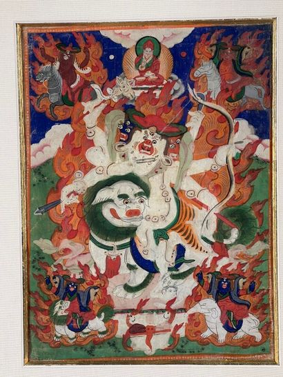 null TIBET - Late 19th century - Three tangka, tempera on canvas, representing two...