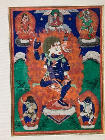 null TIBET - Late 19th century - Three tangka, tempera on canvas, representing two...