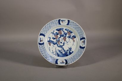 null China - Blue, white and red copper porcelain plate decorated with squirrel and...