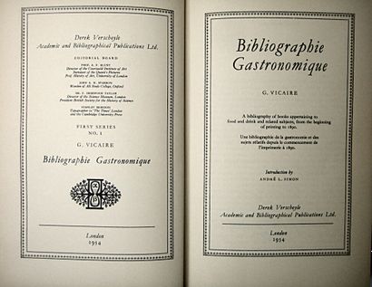 null 15. [Bibliographie]. VICAIRE (Georges). Bibliographie gastronomique. Londres,...
