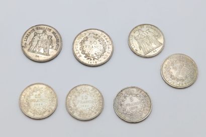 null Ensemble de pièces en argent : 5 fr x 2 1873 et 1875 / 50 FR x 2 1976 / 10 Fr...