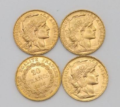 null Quatre pièces de 20 francs or Coq de Chaplain et Génie 1896, 1903, 1907 et 1909...