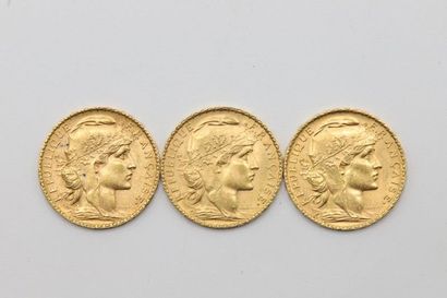 null Trois pièces de 20 francs Coq de Chaplain 1901, 1906 et 1907
19.38 g 