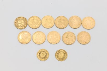 null Treize pièces en or comprenant :
- 11 pièces de 20 francs 1877, 1902, 1905,1906,...