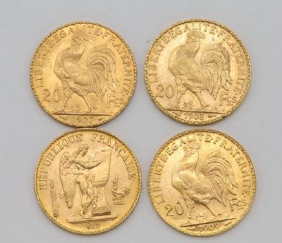 null Quatre pièces de 20 francs or Coq de Chaplain et Génie 1896, 1903, 1907 et 1909...