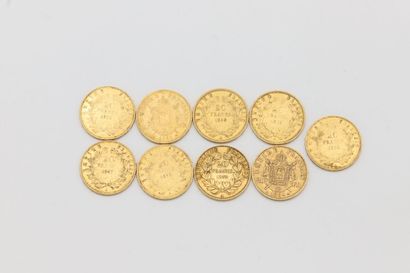 null Neuf pièces de 20 francs or Napoléon III tête nue et tête laurée 1852, 1853,...