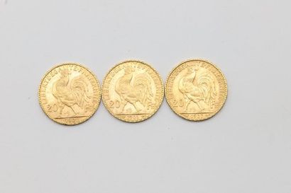 null Trois pièces de 20 francs Coq de Chaplain 1901, 1906 et 1907
19.38 g 