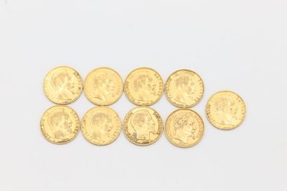 null Neuf pièces de 20 francs or Napoléon III tête nue et tête laurée 1852, 1853,...