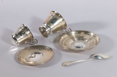 null Lunch including cup, saucer and spoon in silver, guilloche decoration and medallion....