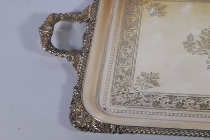 null Silver plated tray of rectangular form with two handles, with rocaille decoration...