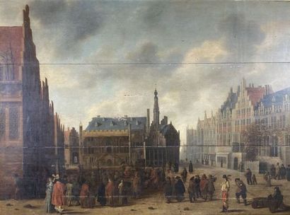 null Attributed to Gillis ROMBOUTS (1630 - 1672)
View of the market place in Haarlem
Panel,...