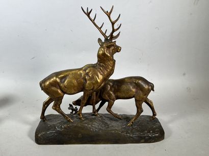null Jules Edmond MASSON (1871-1932)
Stag and doe 
Subject in gilded bronze 
Stamp...